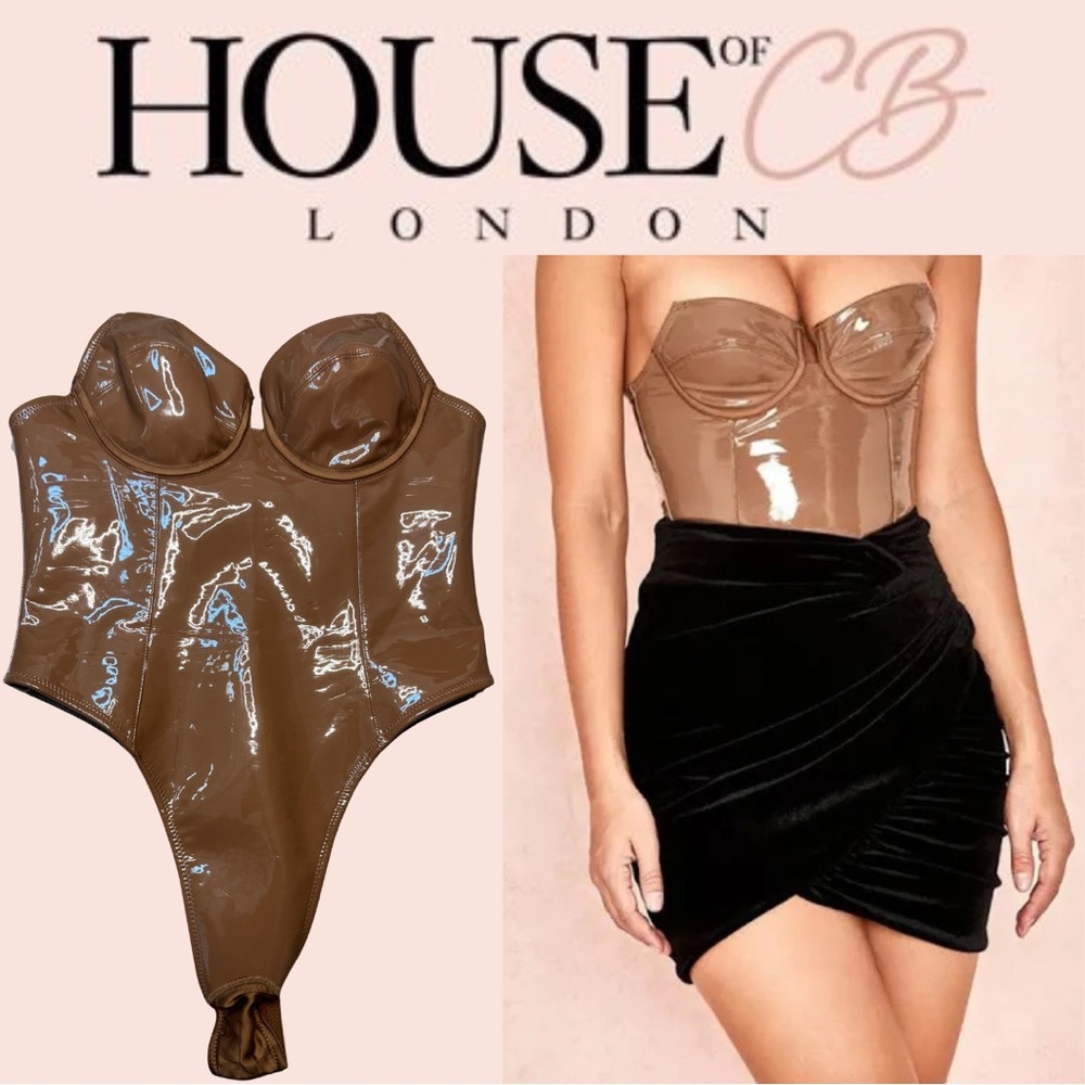House of CB Ottavia Patent Vinyl Bodysuit Coffee